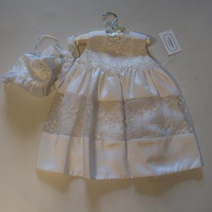 NWT Baby Girls Cassiani 100% Silk White Dress W/Floral Beads + Bonnet M